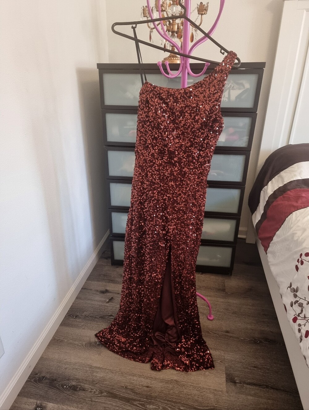 One-Shoulder Sequin Evening Gown in Burgundy